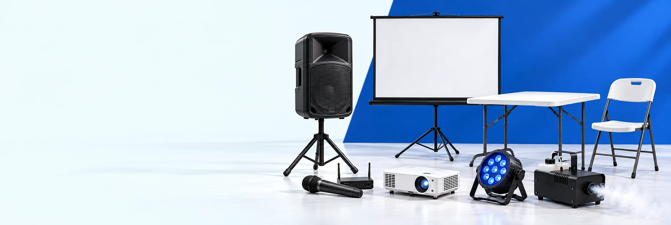 Composição de oito produtos de festas e eventos como exemplos de aluguel.