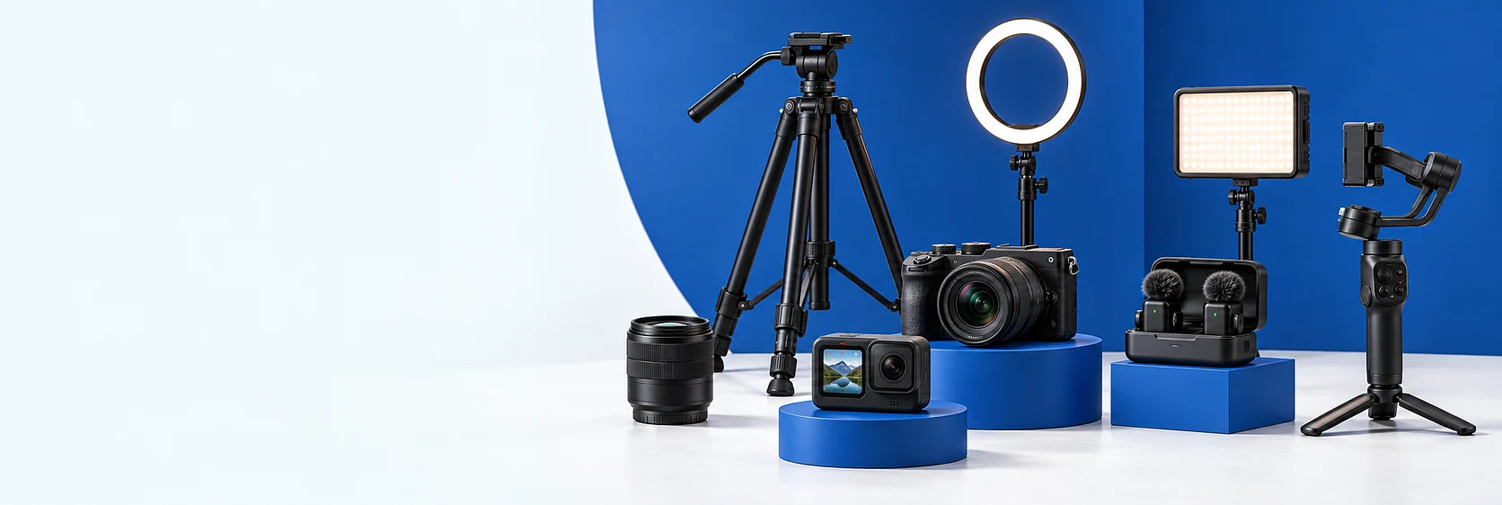 Composição de oito produtos de audiovisual e criação como exemplos de aluguel.